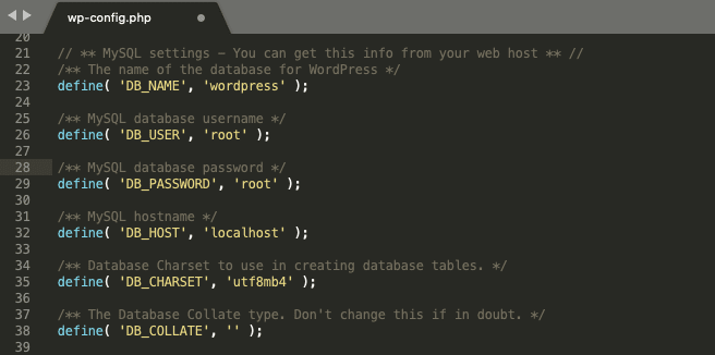 Le credenziali del database di WordPress elencate nel file wp-config.php.