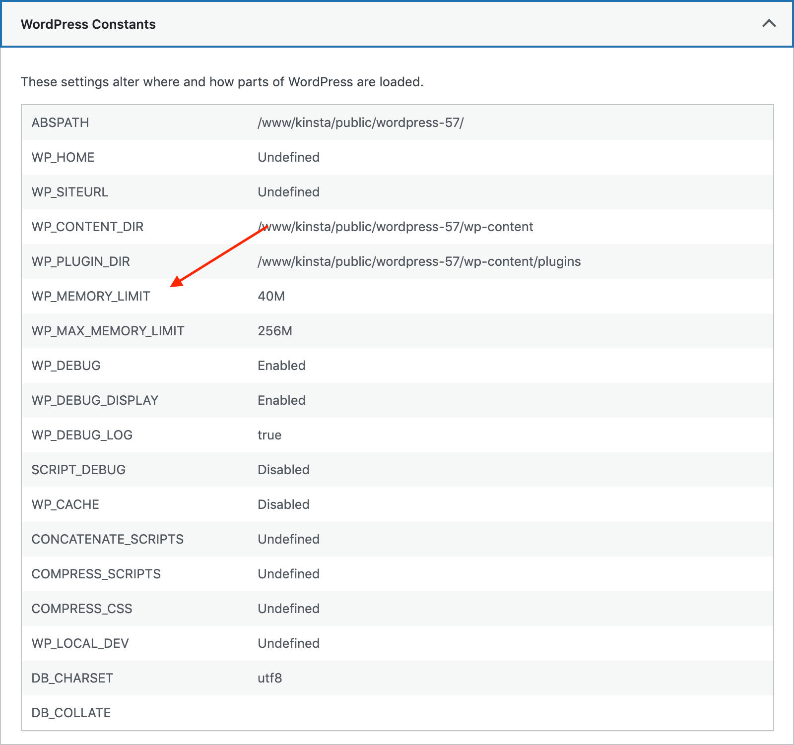 WP_MEMORY_LIMIT na aba Informações sobre saúde do site