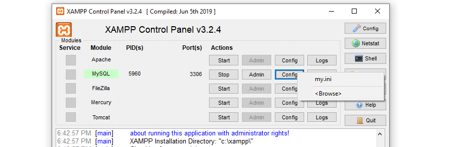 Zugriff auf MySQL's Konfigurationsdatei.