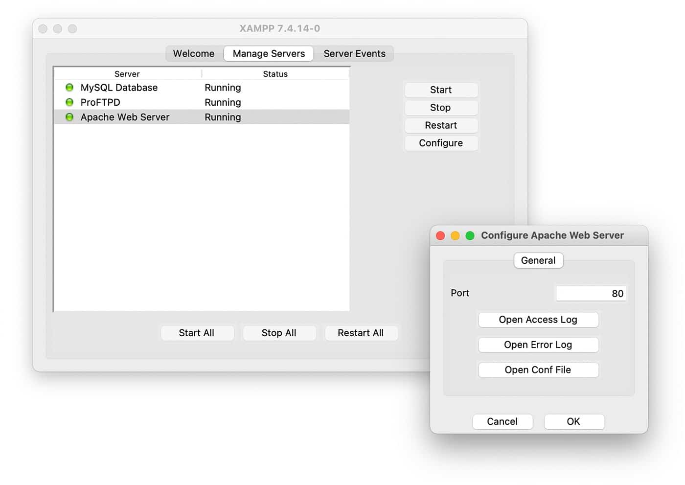 XAMPP’s “Configure Apache Web Server” opties.