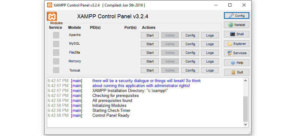 El panel de control de XAMPP