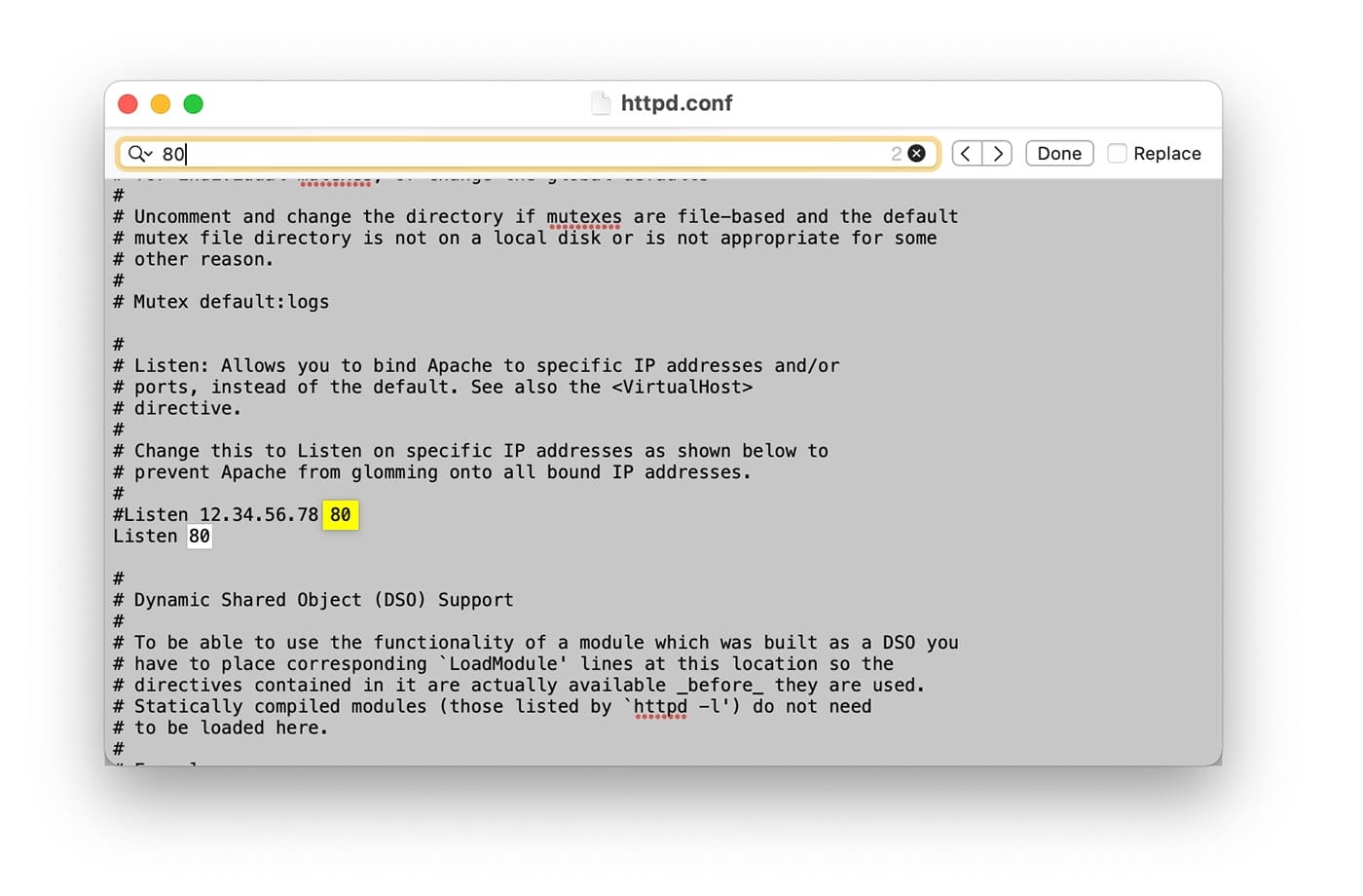 XAMPP’s httpd.conf file port settings.