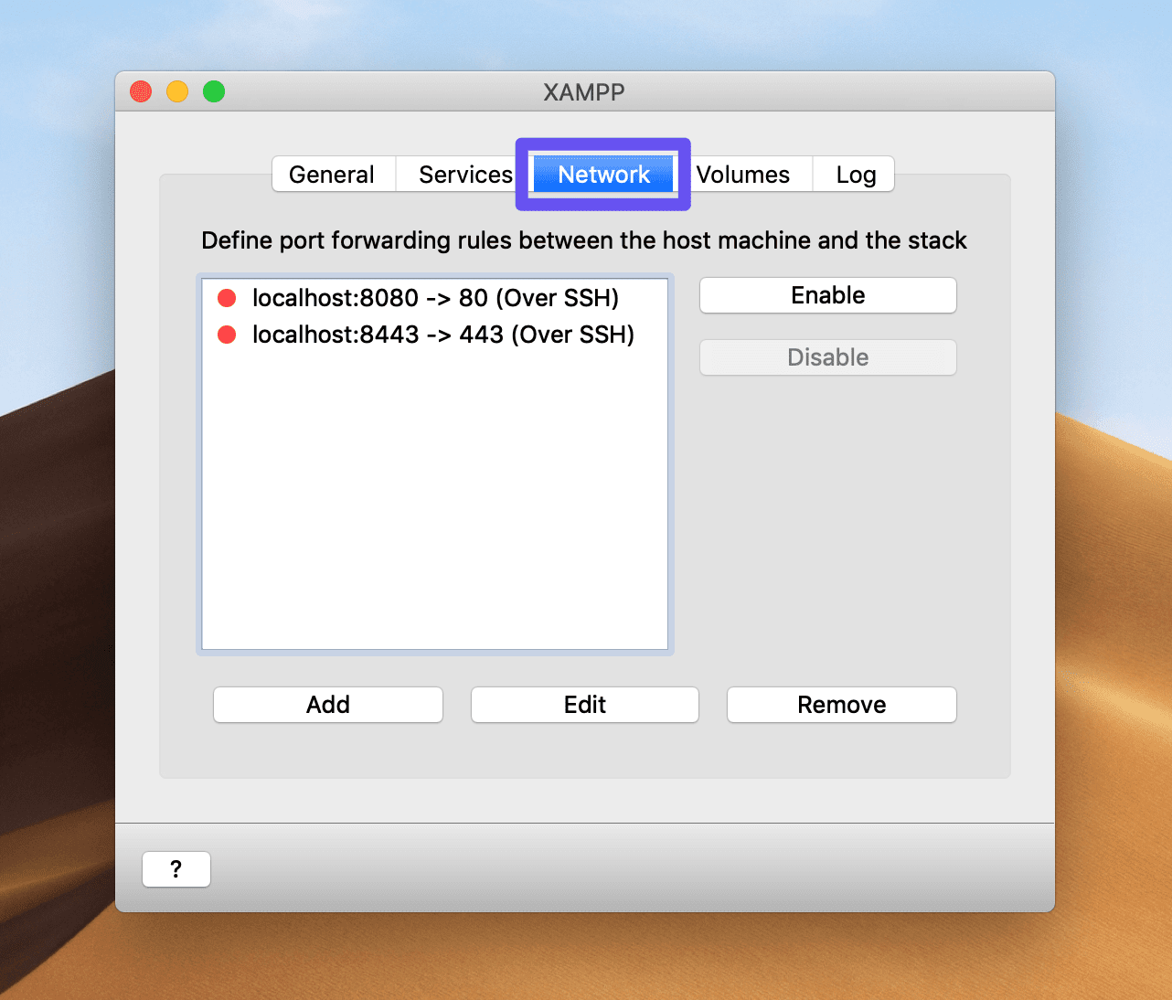 Accéder aux options du réseau XAMPP sur macOS.
