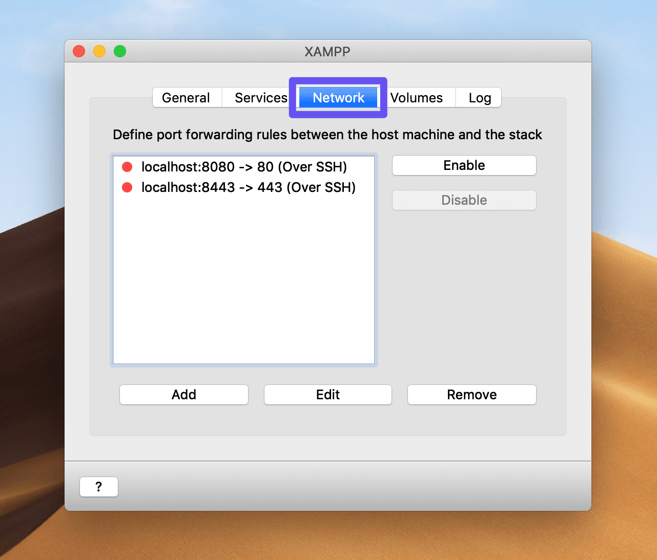 Få åtkomst till XAMPP-nätverksalternativen på macOS.