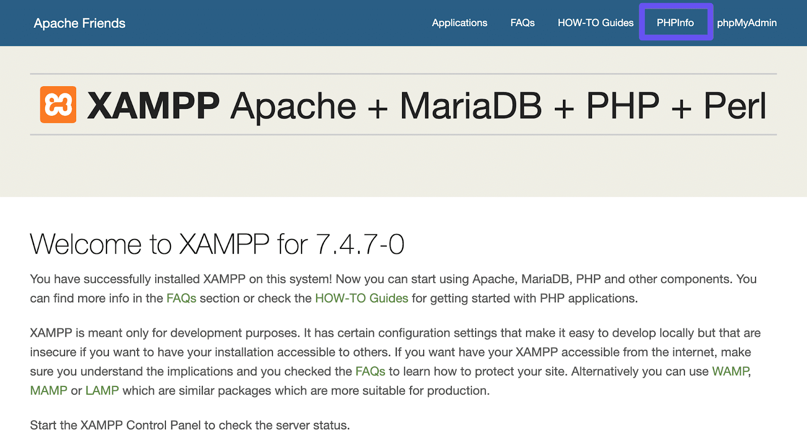 Le lien PHPInfo dans le tableau de bord de XAMPP.