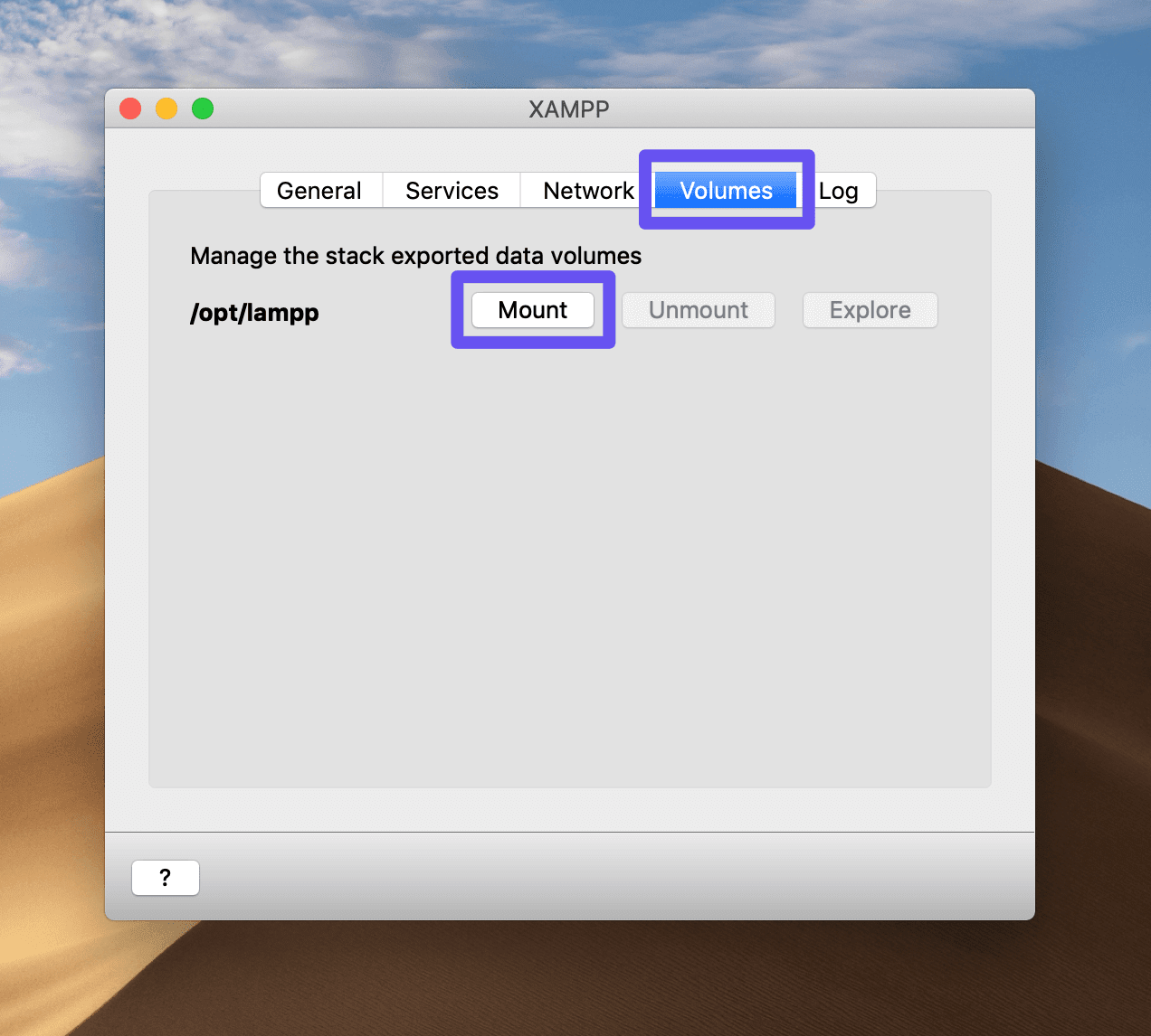 La pestaña Volúmenes del panel de control de XAMPP-VM de macOS.