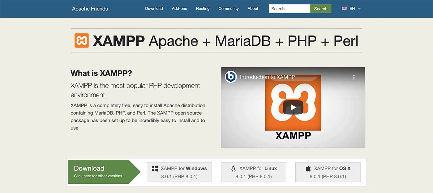 El sitio web de XAMPP.