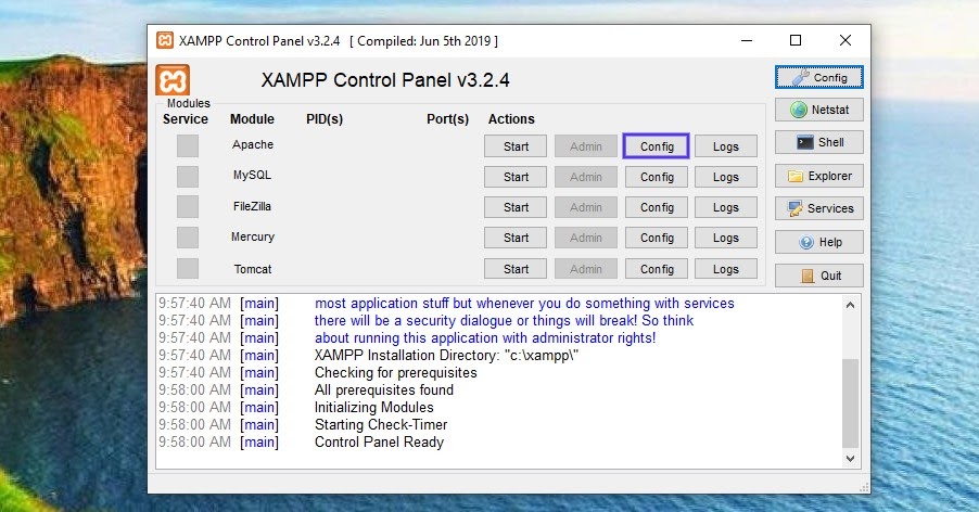 Het XAMPP configuratiescherm in Windows.