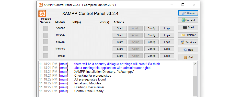 The XAMPP control panel includes logs for PHP and its other components.