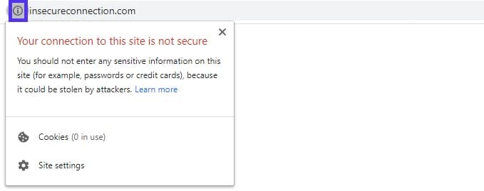 Une connexion HTTP non sécurisée dans Chrome.
