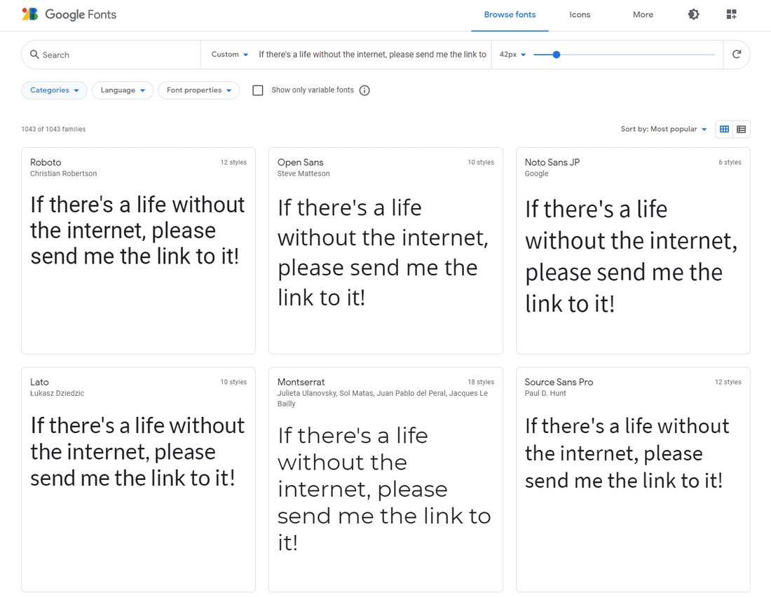 Google Fonts homepage showing the most popular web fonts