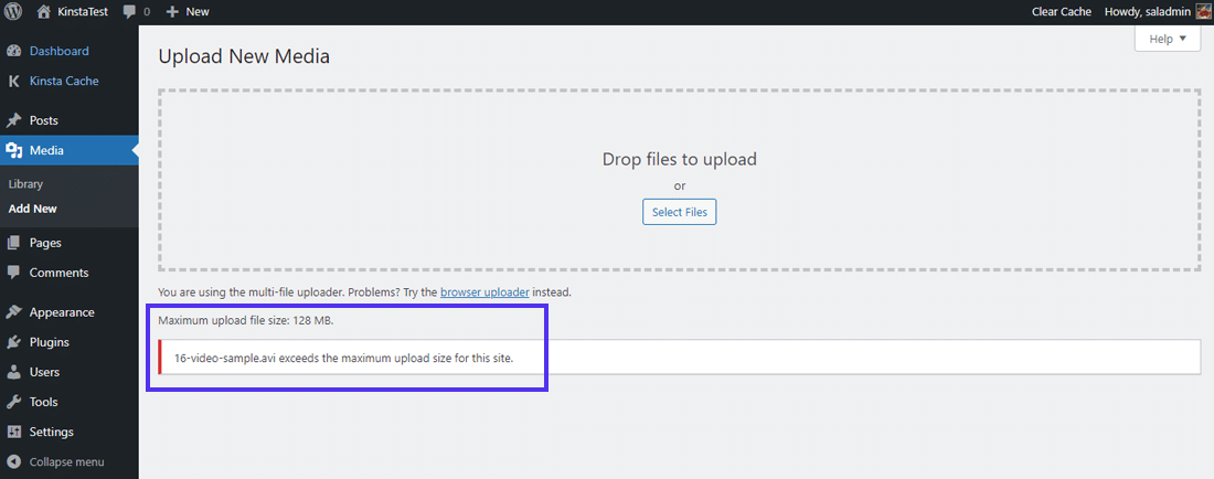 Error while uploading a large file in WordPress