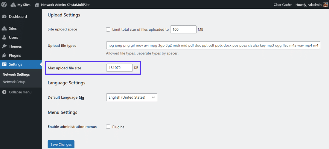 The new 'Max upload file size' field in 'Network Settings'