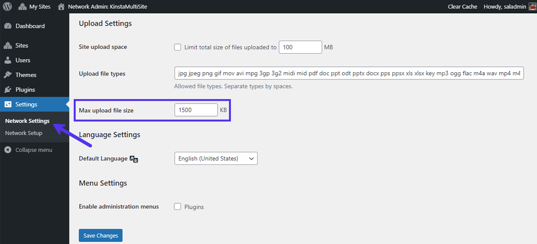 The 'Max upload file size' in 'Network Settings'