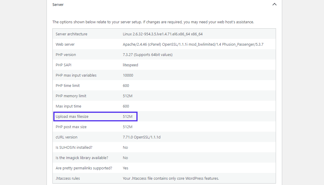 Comprobación del nuevo tamaño máximo de los archivos cargados en "Información sobre el estado del sitio > Servidor".