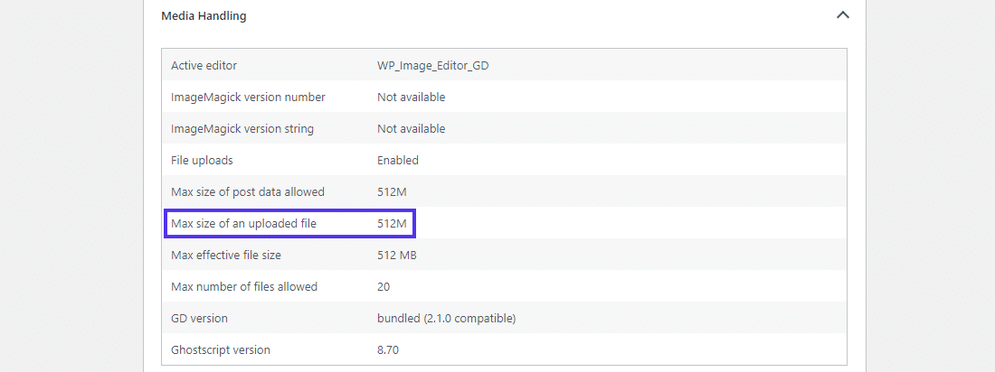 Verificação do novo tamanho máximo de arquivo para upload em 'Site Health Info > Biblioteca de mídia'.