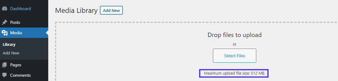 Verificação do novo tamanho máximo de arquivo para upload no 'Media Library'.