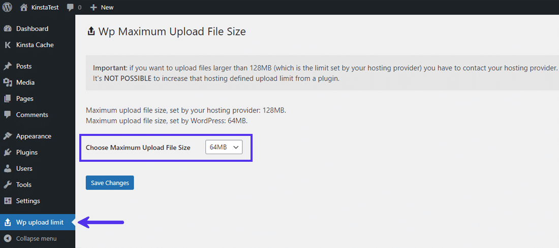 Inställningsskärm för WP Maximum Upload File Size