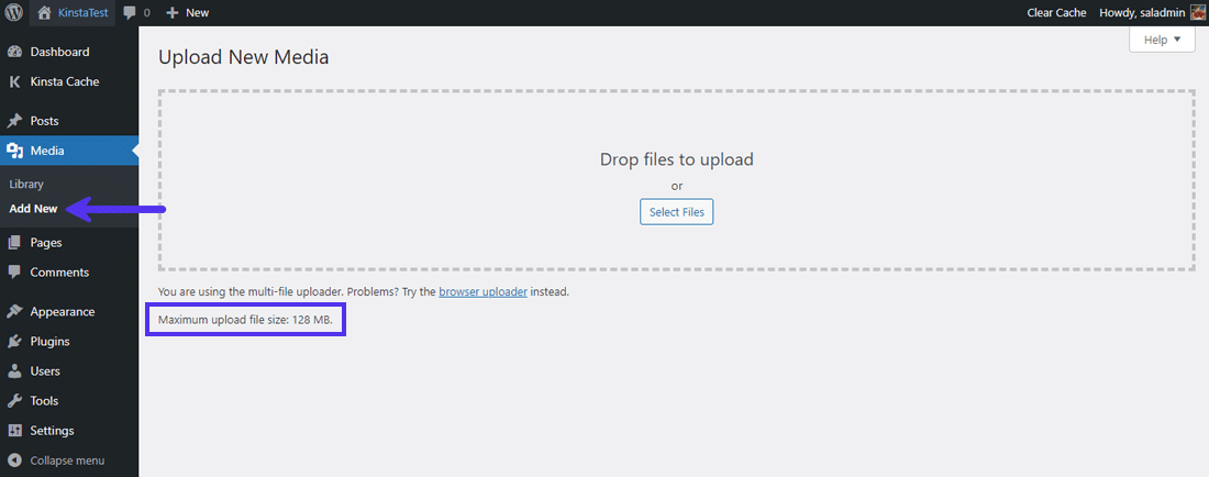 O "Tamanho máximo do arquivo de upload" na Biblioteca de Mídia do WordPress