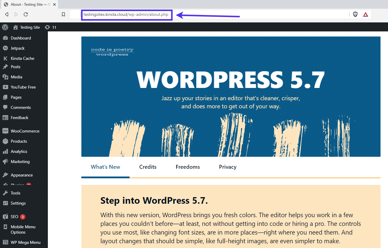 Página de "Novedades" de WordPress 5.7