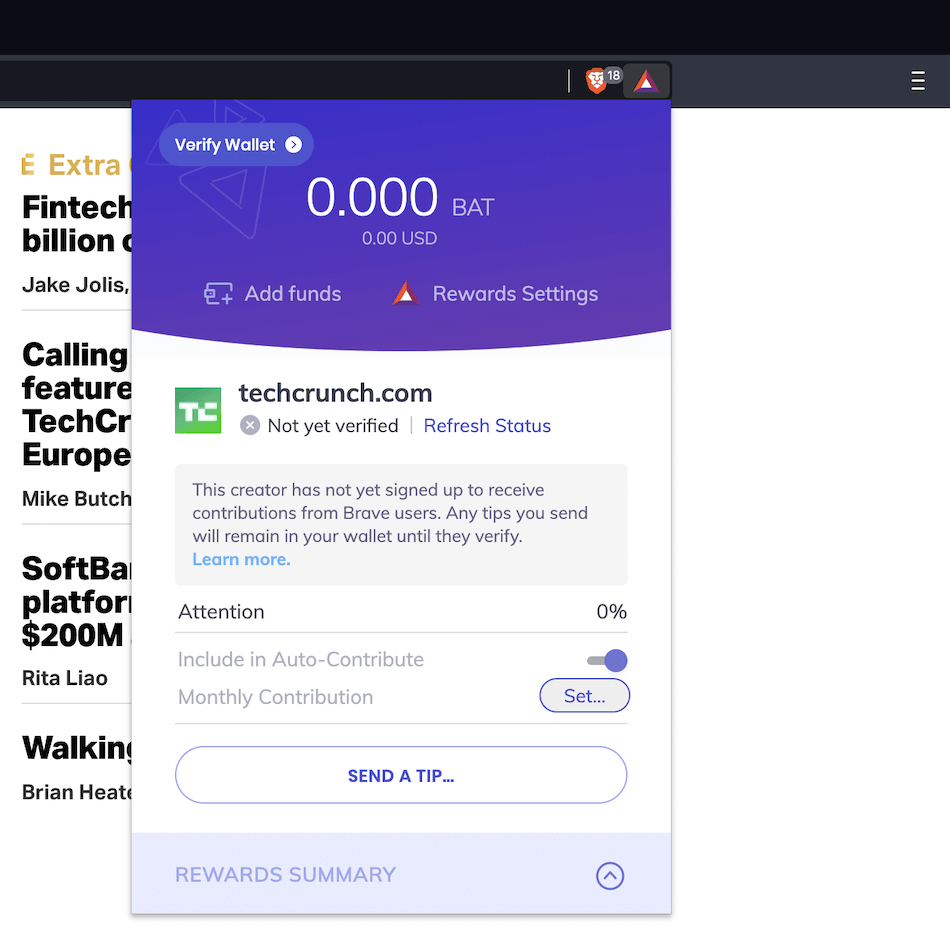 Brave’s control panel showing that a website isn’t part of its rewards scheme.