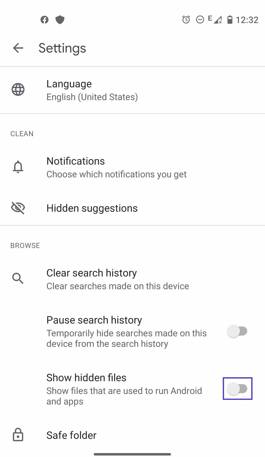 Archivos de Android con el botón "Mostrar archivos ocultos"