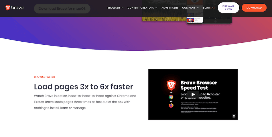 Le dichiarazioni di velocità di Brave sul suo sito web.