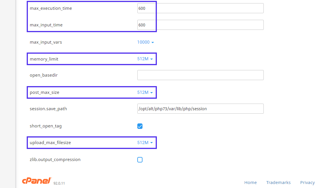 La pantalla "Opciones de PHP" en cPanel