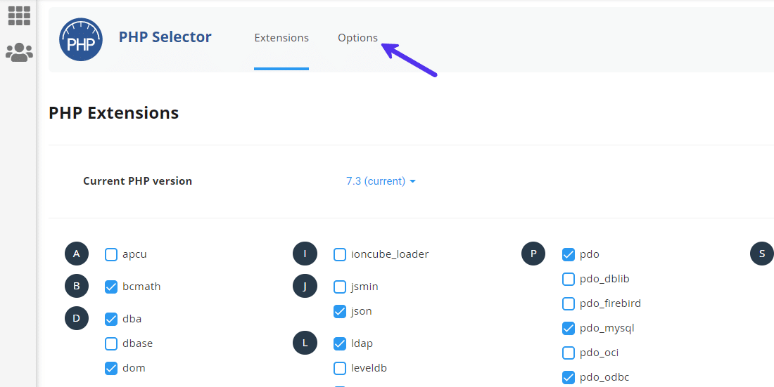 Allez dans les réglages « Options PHP » dans cPanel.