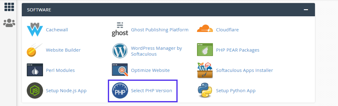 Klik på 'Vælg PHP version' i cPanel dashboardet
