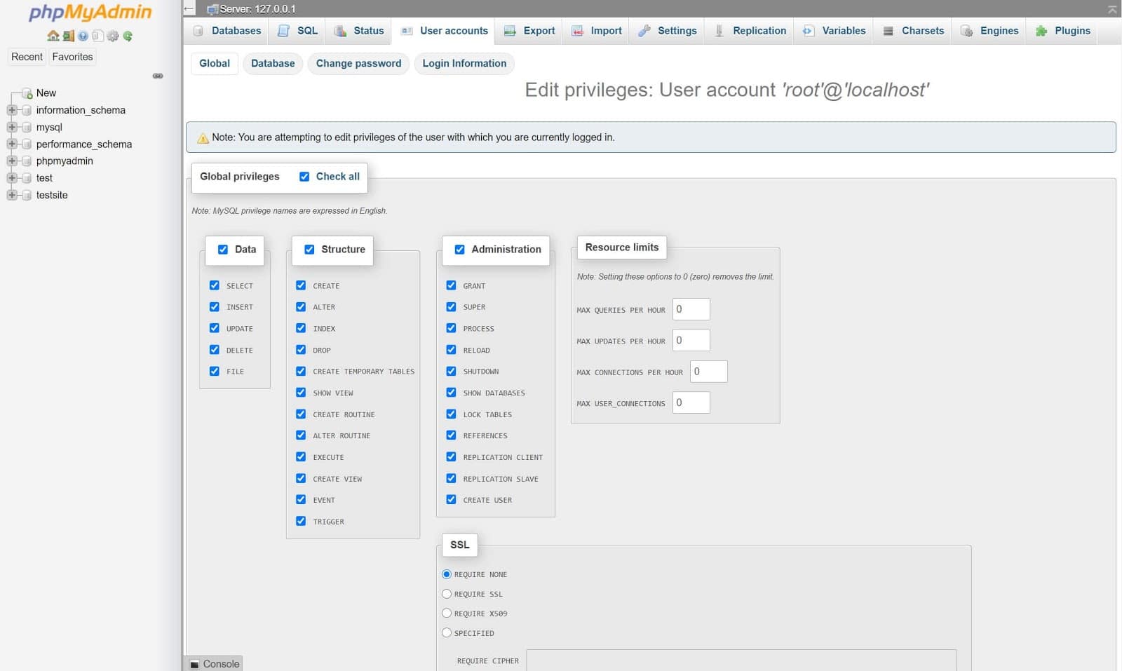 Initiate password change in phpMyAdmin.