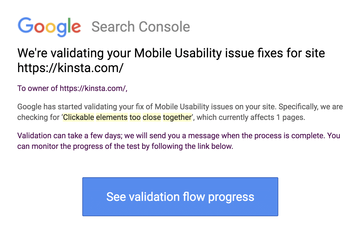 The Google Search Console validation update message.