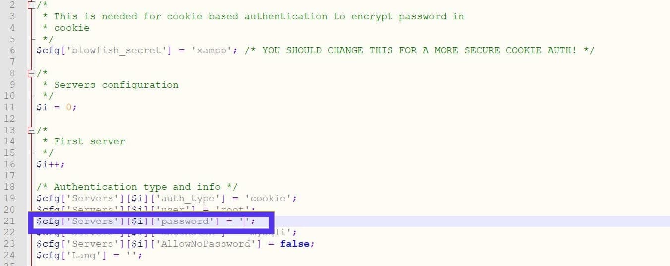 De regel voor het wijzigen van je MySQL wachtwoord in het config.inc.php bestand.