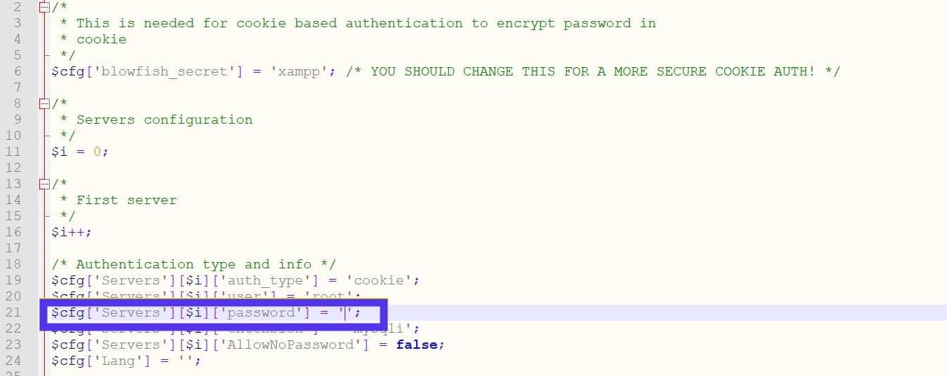 The line to edit the MySQL password in the config.inc.php file.