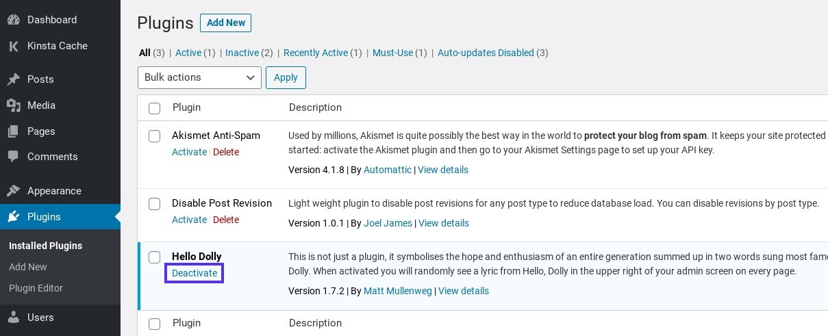 Desativação de um plugin WordPress.