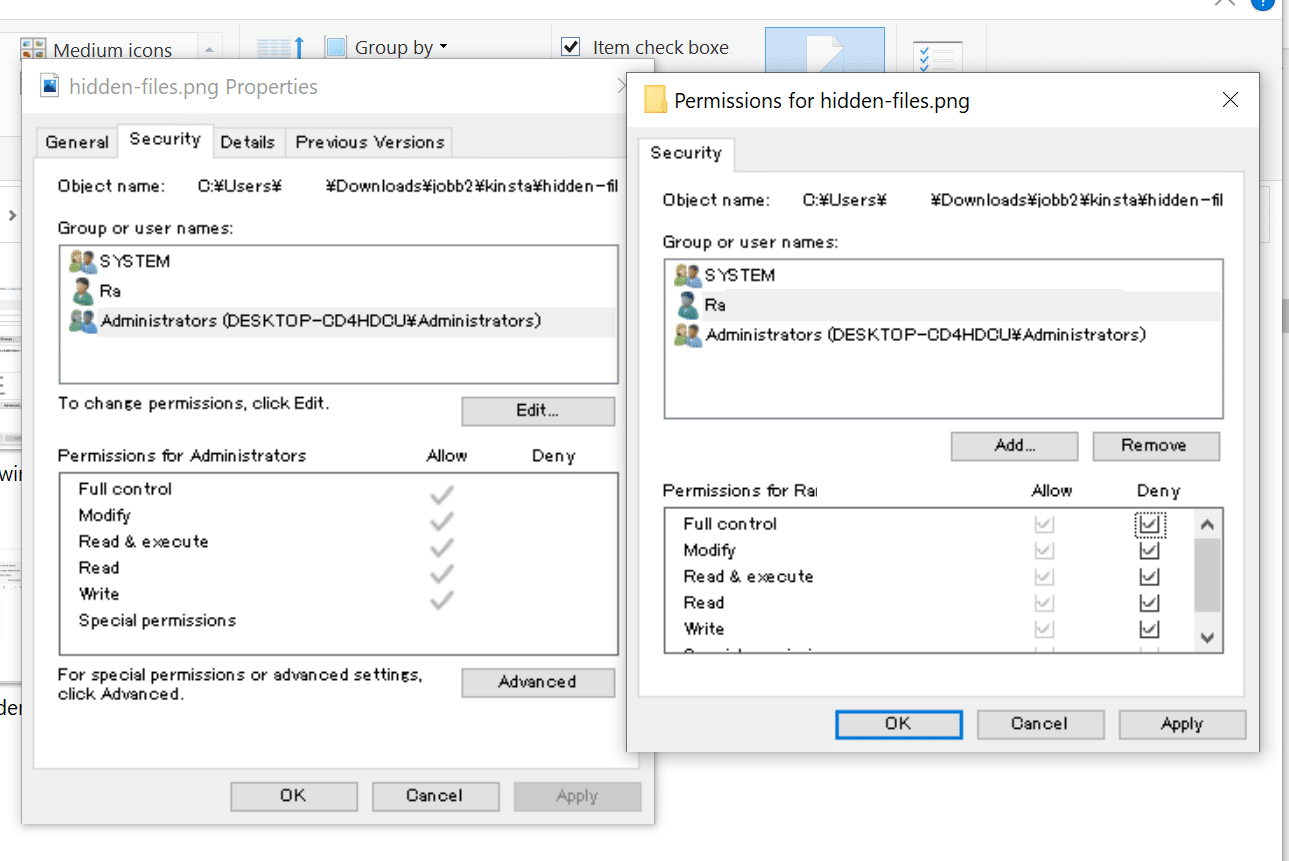 Finestra di dialogo modale sui permessi dei file di Windows