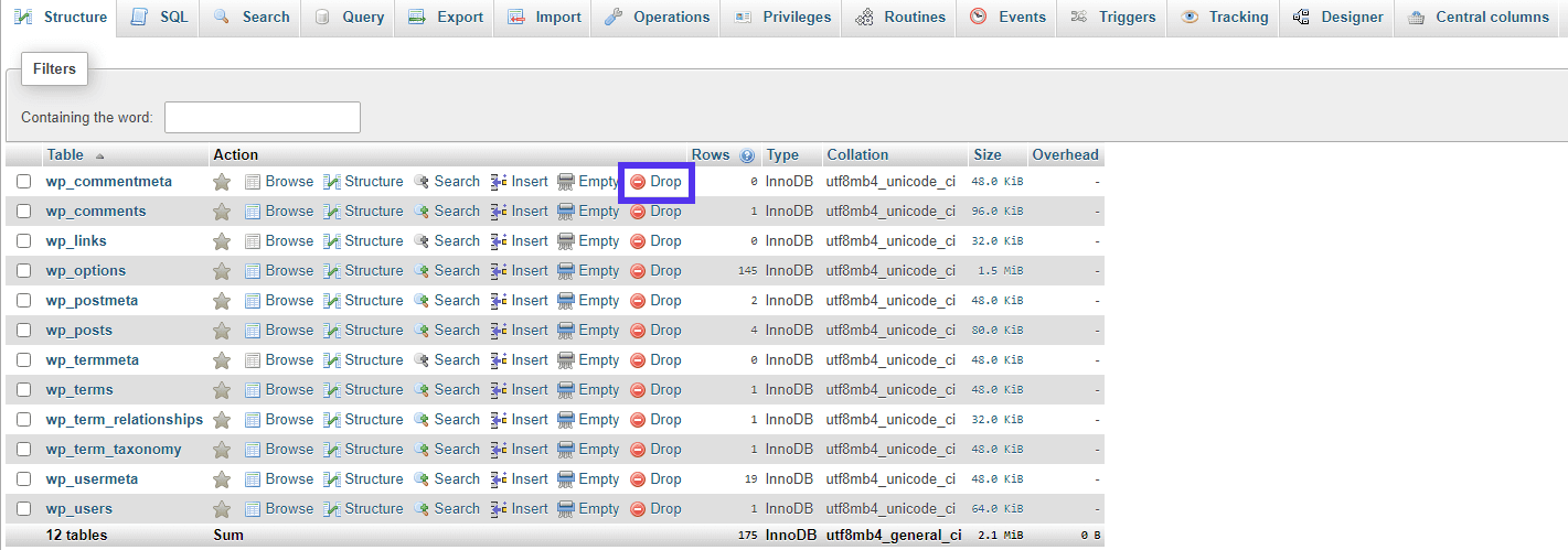 Verwijderen van tabellen uit een WordPress database.