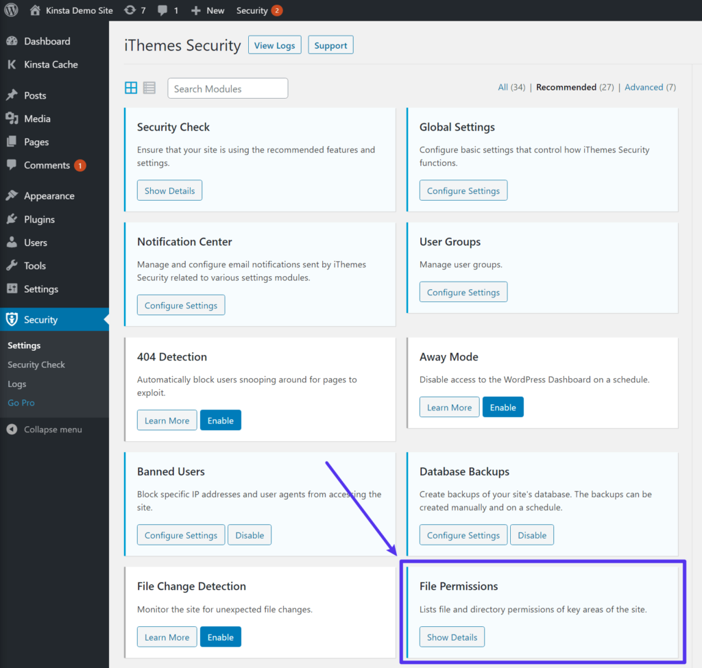 Standort des Tools für Dateiberechtigungen in WordPress