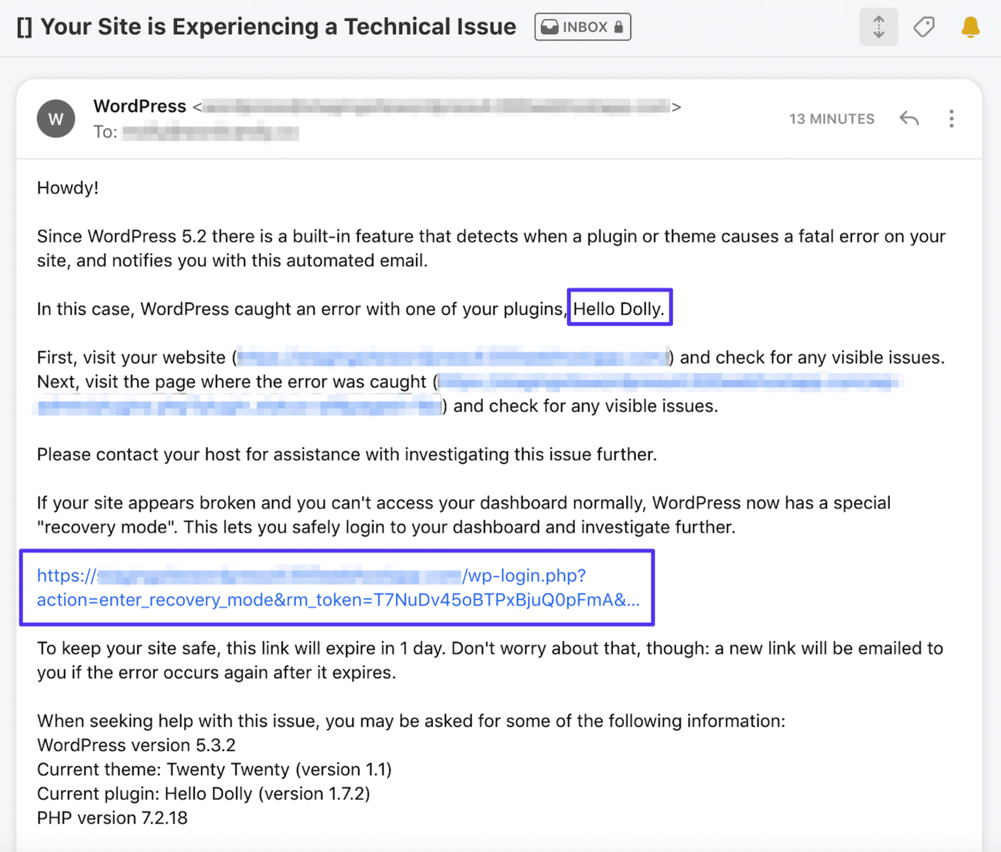 Un e-mail de WordPress sur la façon de corriger l'erreur de temps d'exécution maximum.
