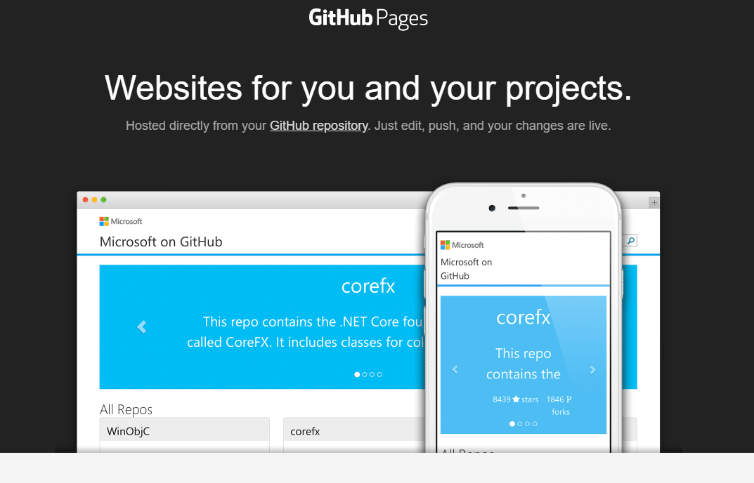 GitHub Pages, screenshot.