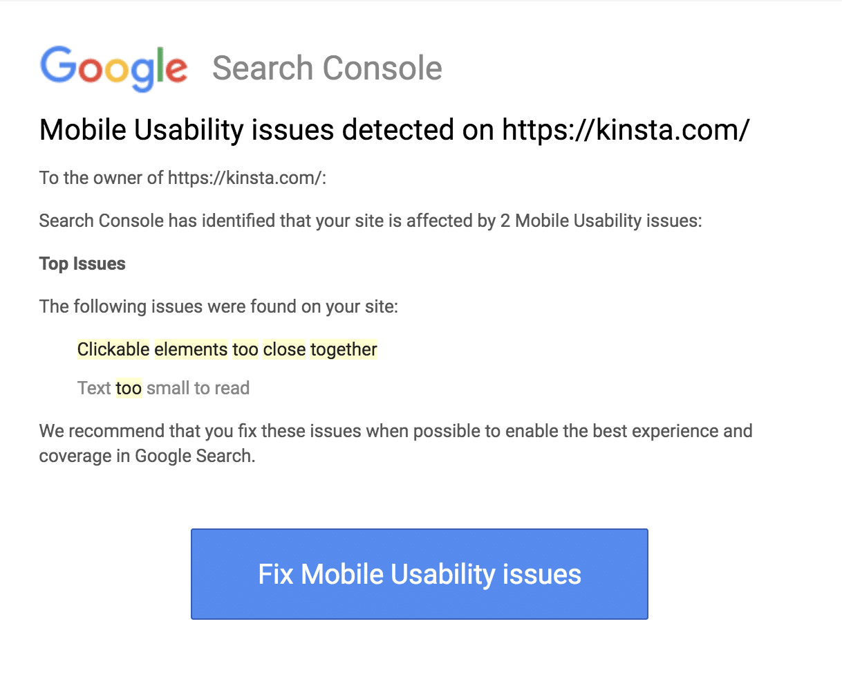 Un rapporto sui problemi di usabilità mobile da Google Search Console