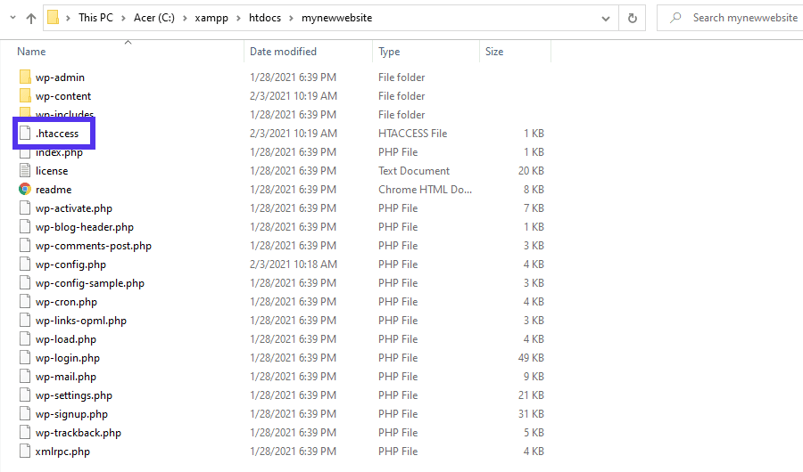 La posizione del file .htaccess.