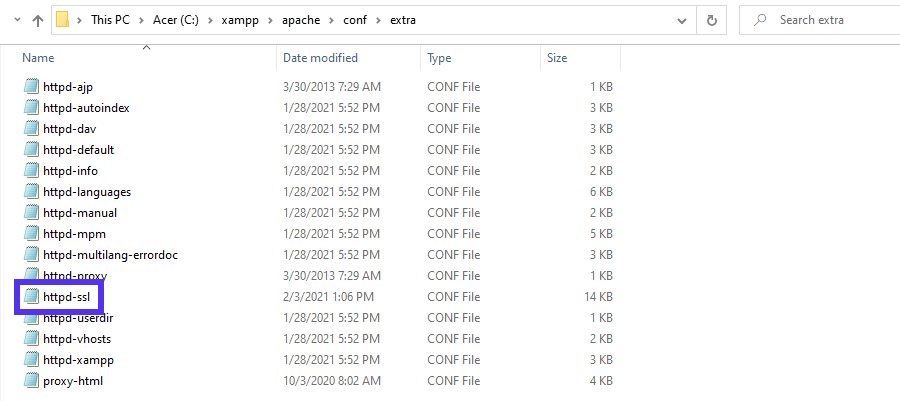 Der Speicherort der httpd-ssl-Datei unter Windows.