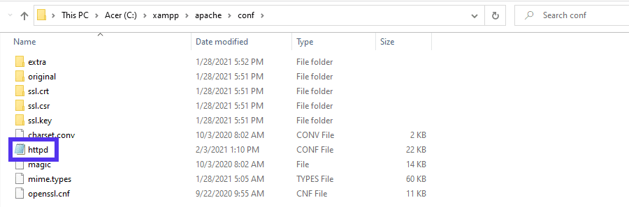 La posizione del file httpd in Windows.