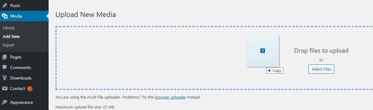 Sezione "Carica nuovi media" di WordPress