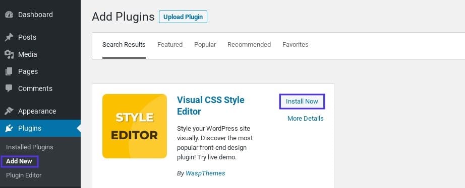 Die Option, das YellowPencil Plugin in WordPress zu installieren