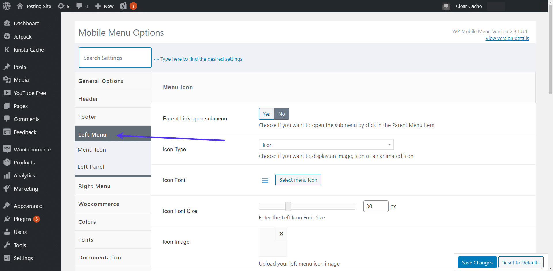 Escolha as configurações do menu da esquerda