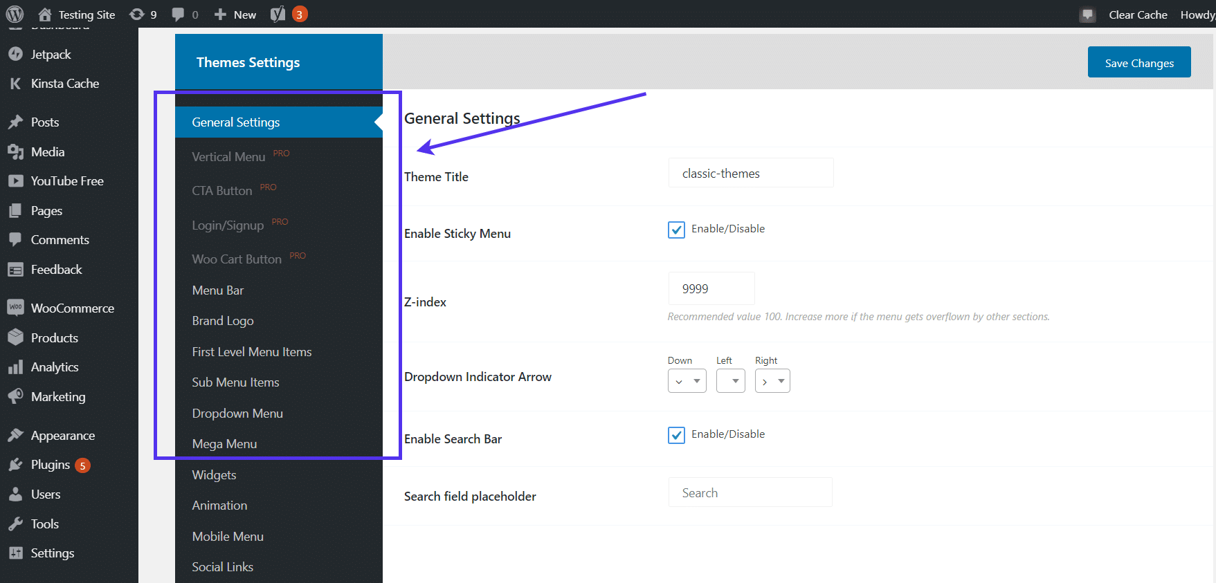 Definir as configurações temáticas do Mega Menu