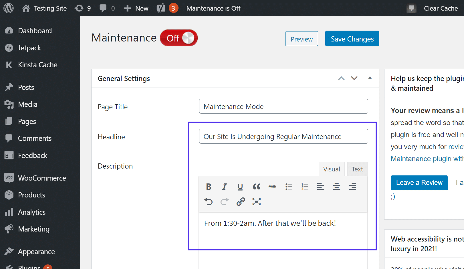 Hinzufügen einer Überschrift für die Wartungsseite