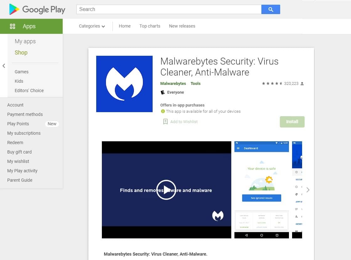 Malwarebytes antivirus Android app